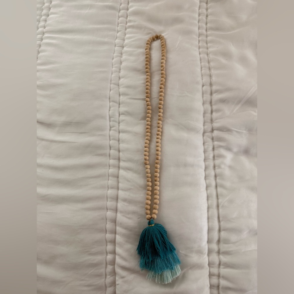 Elegant Tan Wood Beaded and Teal Tassel Necklace